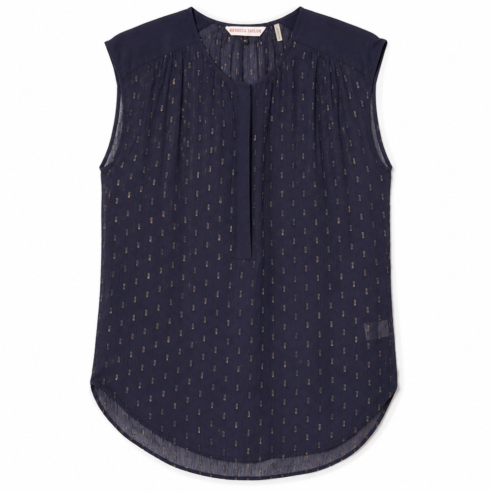 Rebecca Taylor Silk Metallic Clip Dot Sleeveless Blouse Navy Size 6